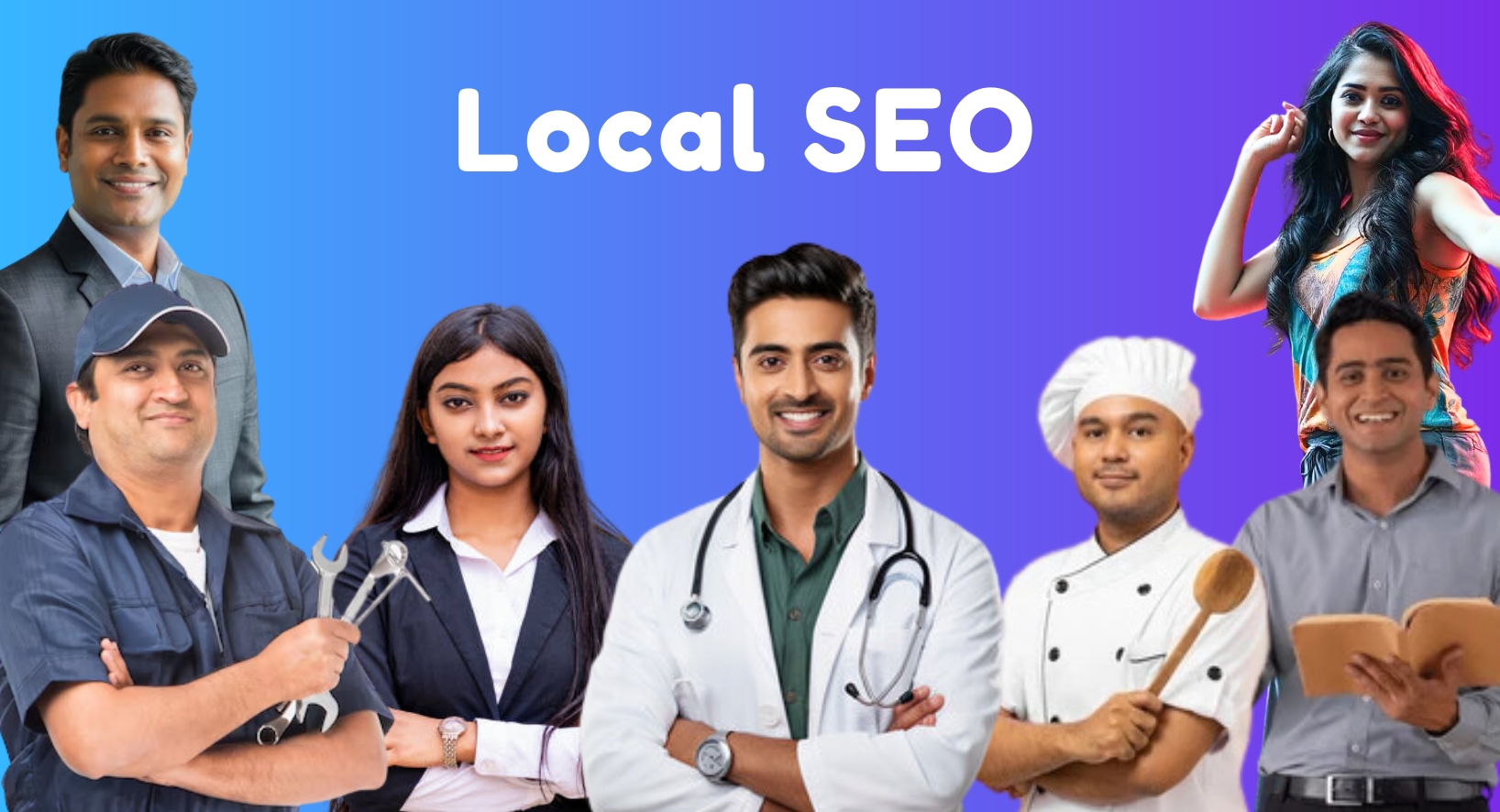 A diverse group of professionals, including a doctor, mechanic, chef, businesswoman, and marketer, representing small businesses supported by local SEO services in India, with "Local SEO" text on a blue gradient background.